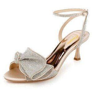 Women's Glitter Rhinestone Bow Heeled Sandal Elegant Crystal Ankle Strap Kitten